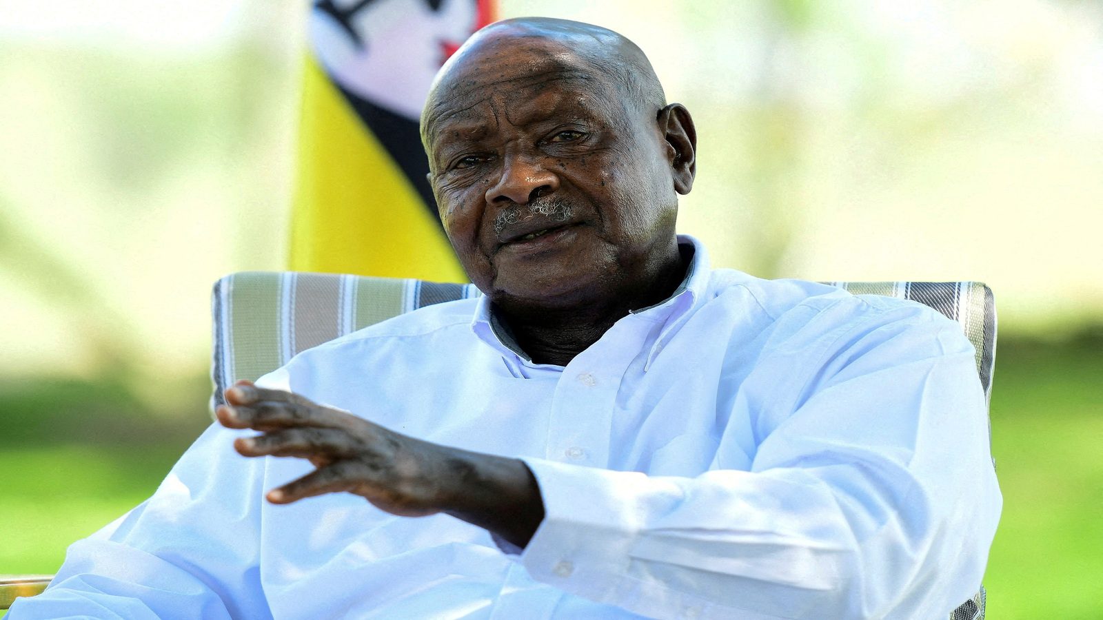FILE PHOTO: Uganda's President Yoweri Museveni speaks during a Reuters interview at his farm in Kisozi settlement of Gomba district, in the Central Region of Uganda, January 16, 2022. REUTERS/Abubaker Lubowa